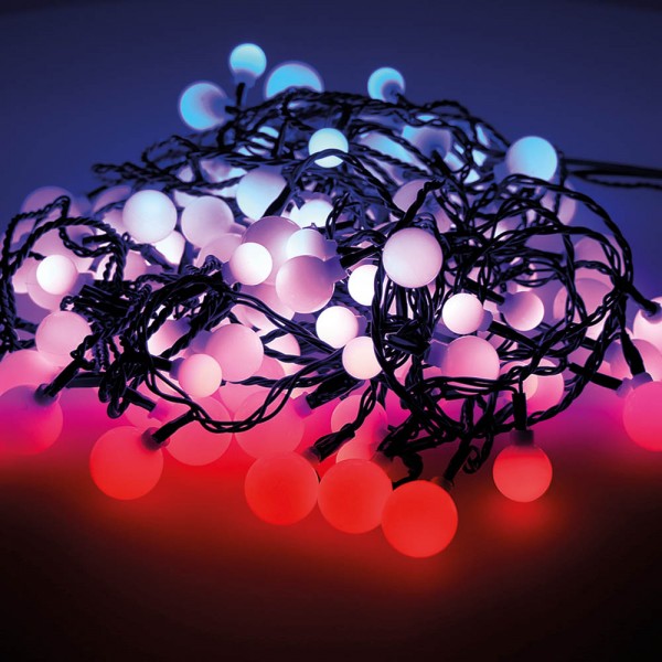 Guirnalda multifunción, uso exterior, cherry, multicolor, cable negro, 120 leds, 9 m