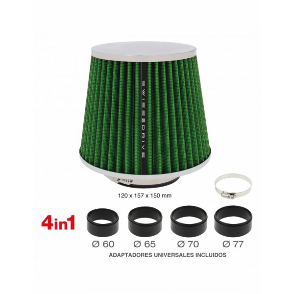 Filtro de Aire Universal para Coche Incluye 4 Adaptadores 60mm 65mm 70mm 77mm Color Verde