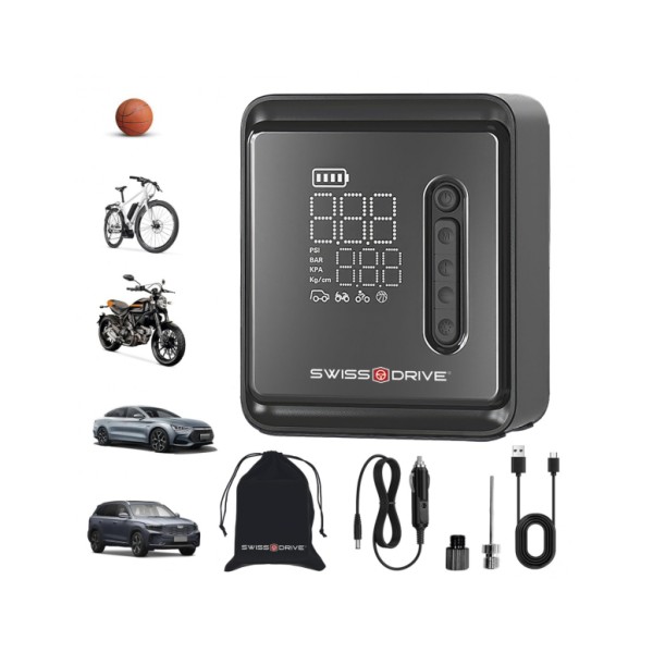 Mini Compresor Aire Portatil Bateria Recargable 160PSI/10,3Bar/12V/120W Iluminación LED de Emergencia y 5 Modos de Inflado