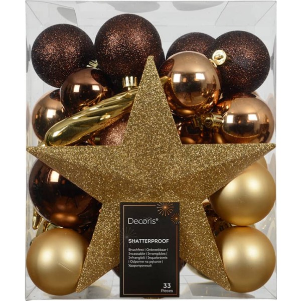 Adornos decoración árbol navidad, marrón y dorado, caja 33 piezas